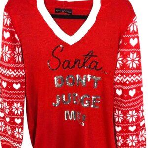 Almost Famous Ugly Xmas Sweater Santa Don't Judge Me has Hoodie Sz Large